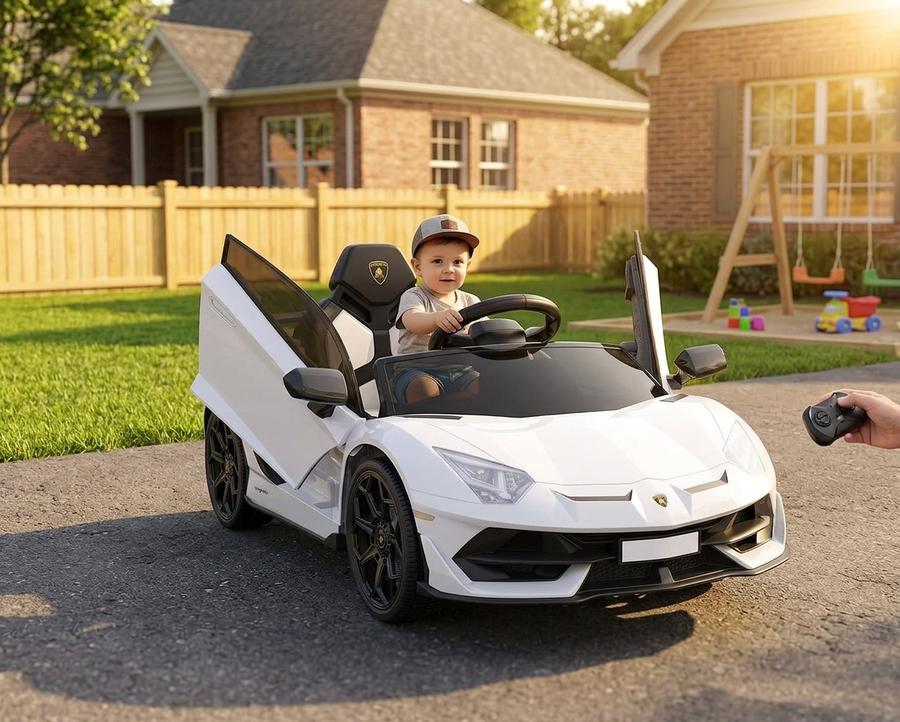 Hetoy 12V Licensed Lamborghini Ride-On Car in a backyard
