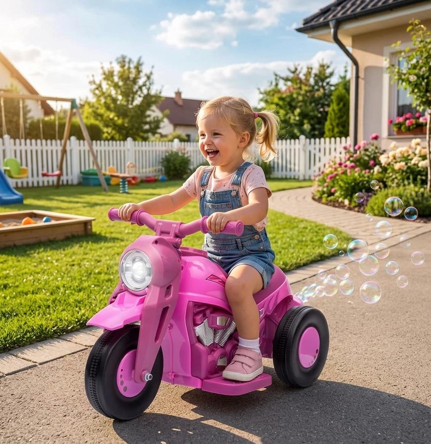 Hetoy 6V Ride-On Bubble Motorcycle in a backyard