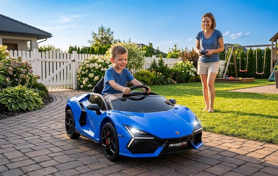 Hetoy 12V Lamborghini Revuelto Ride-On Car in a backyard