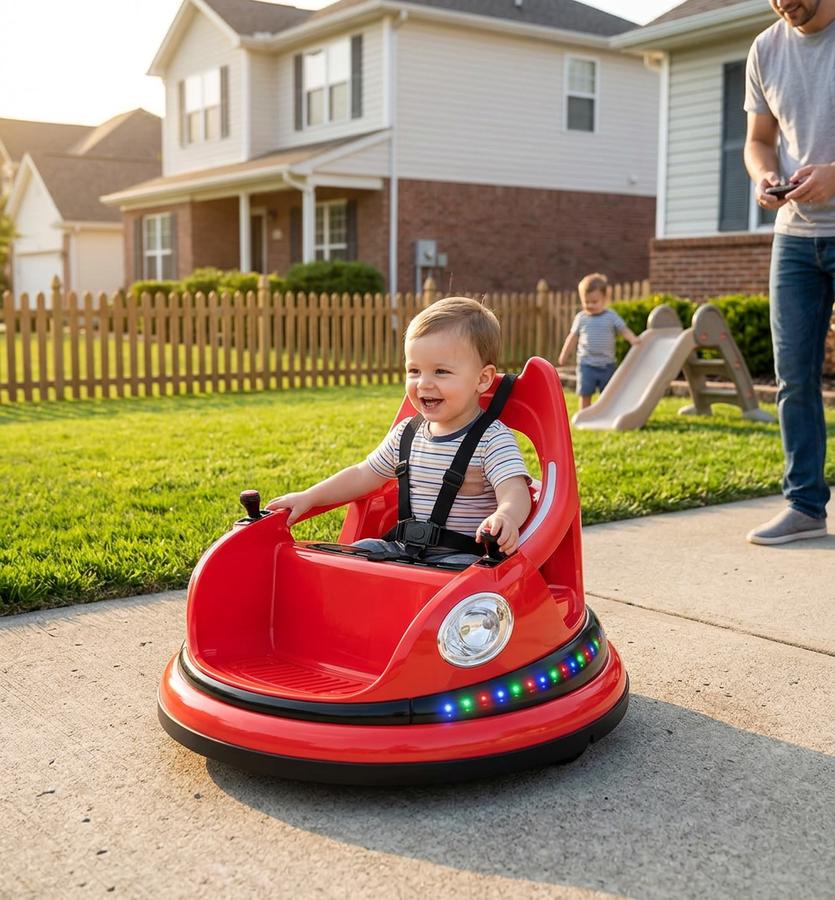 Hetoy 12V Ride-On Bumper Car in a backyard