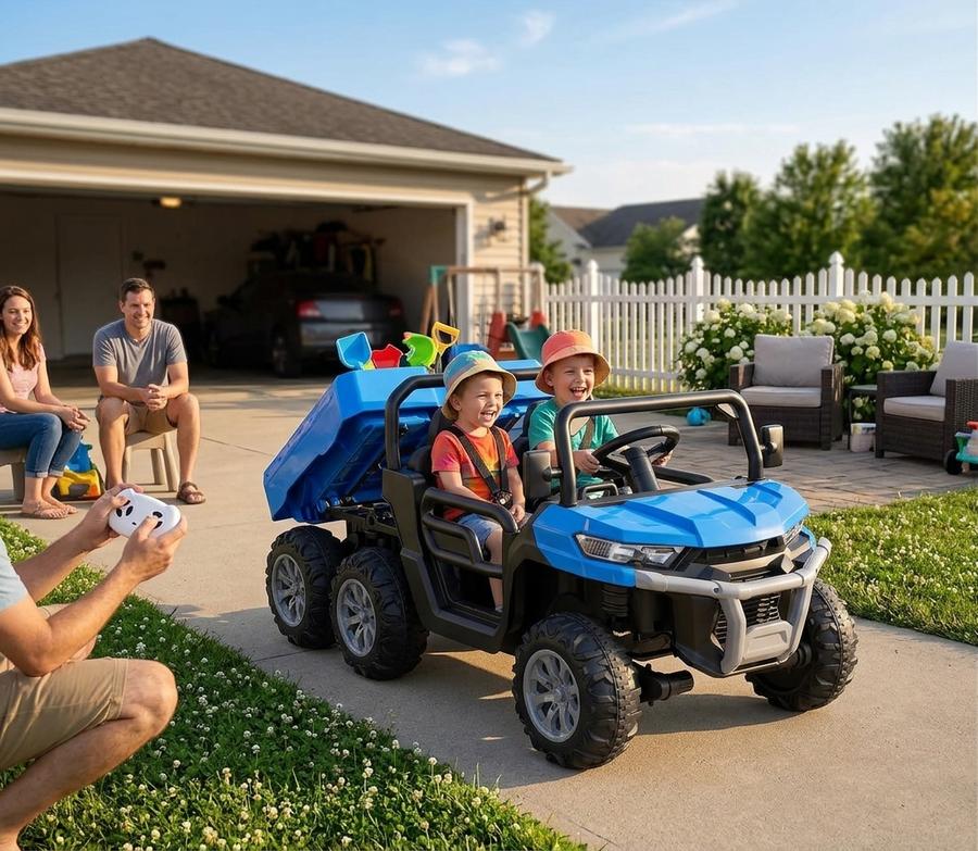 Hetoy 24V 2-Seater Ride-On Dump Truck in a backyard