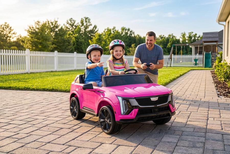 Hetoy 24V Licensed Cadillac 2-Seater Ride-On in a backyard